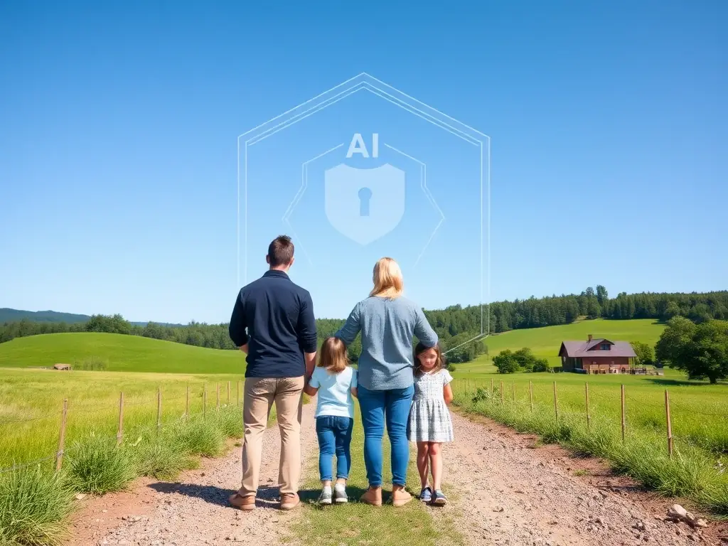 A serene landscape featuring a family standing on their property, symbolizing security and legacy, with a subtle AI interface overlayed to represent the AI-powered legal protection provided by NachoProperty.ai.