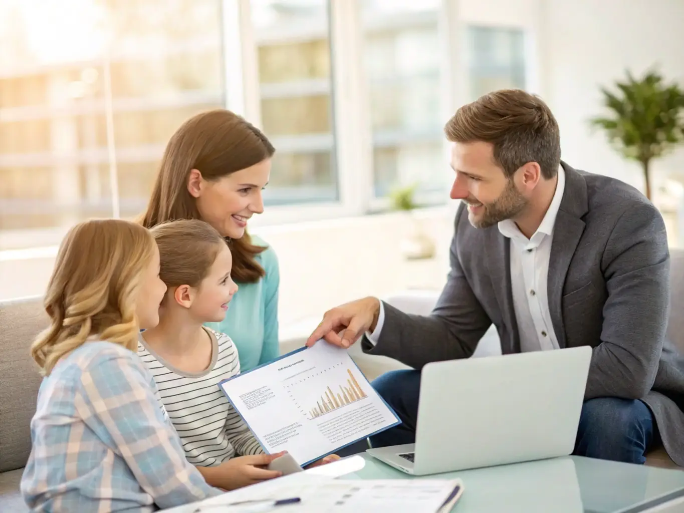 An image showing a family happily discussing their legal trust options with a professional advisor, set in a modern office environment.