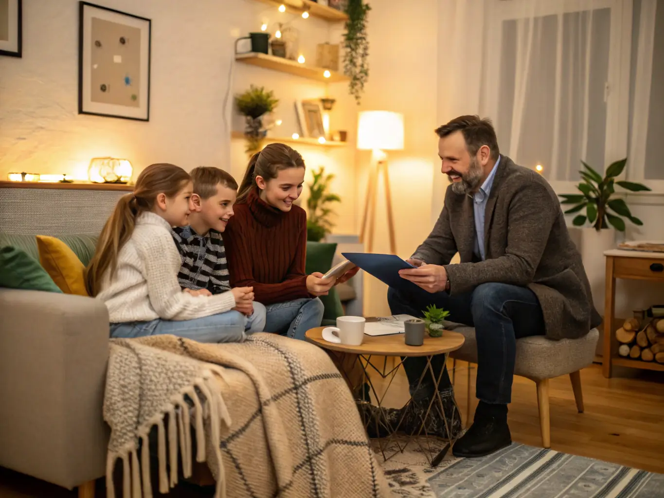 An image of a family discussing financing options with a friendly advisor in a comfortable living room setting.