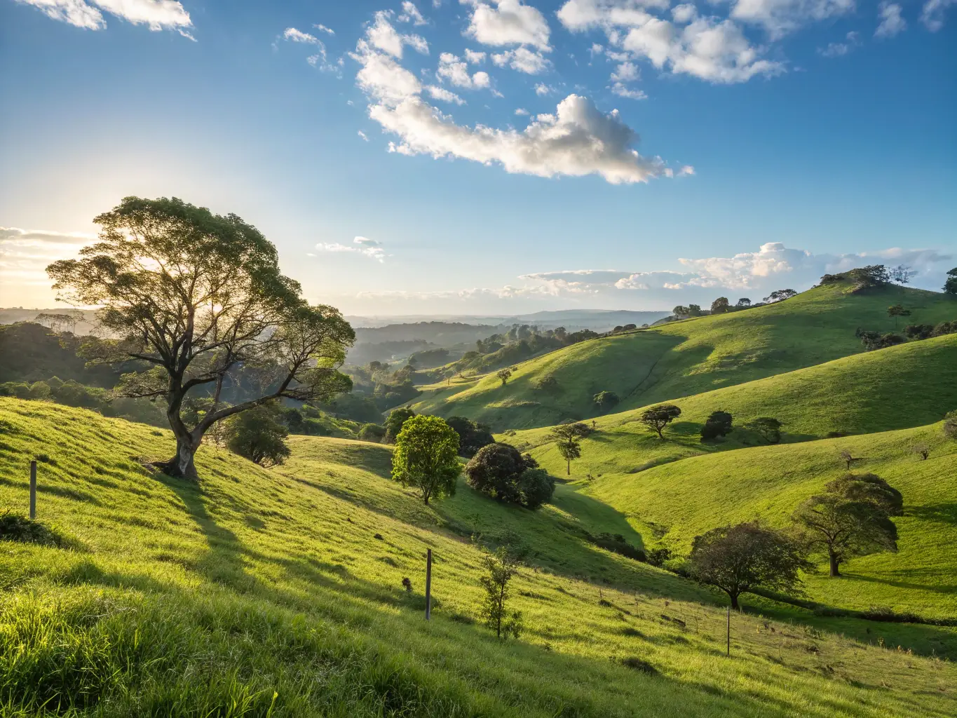 A serene landscape featuring a lush, green field under a clear blue sky, symbolizing protected land rights and natural beauty. The image evokes a sense of security and peace of mind.