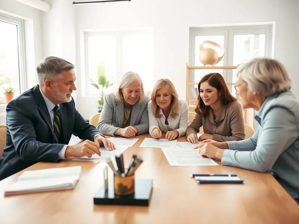 A family is gathered around a table, reviewing estate planning documents with a friendly advisor. The scene conveys a sense of collaboration and future planning.