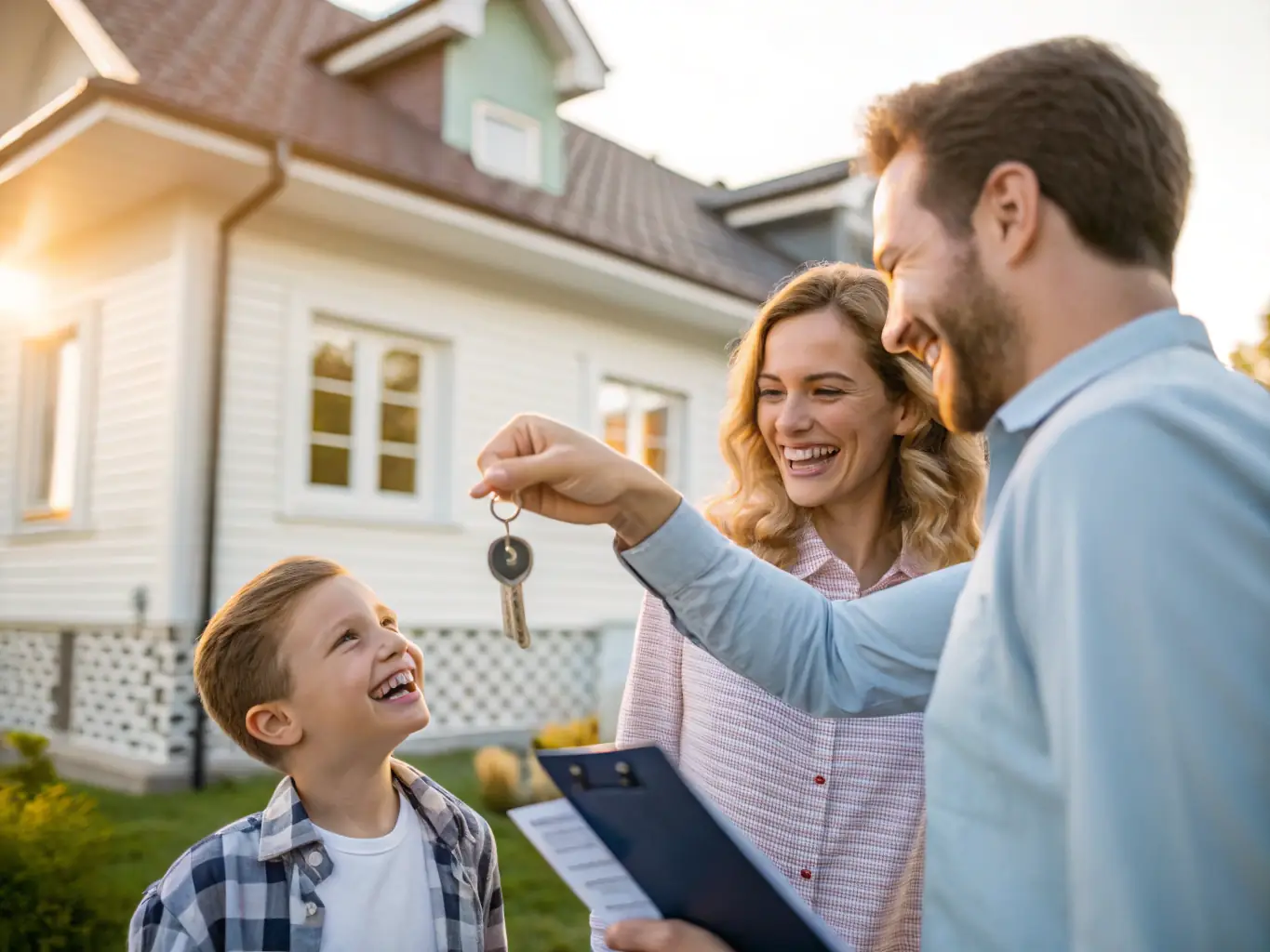 A happy family receiving keys to their new property, symbolizing the joy and security of owning land, facilitated by NachoProperty.ai's family-friendly financing options.