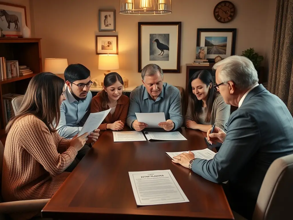 A well-organized estate plan document resting on a desk, with a family portrait in the background, symbolizing the importance of planning for the future and protecting loved ones through NachoProperty.ai's estate planning services.