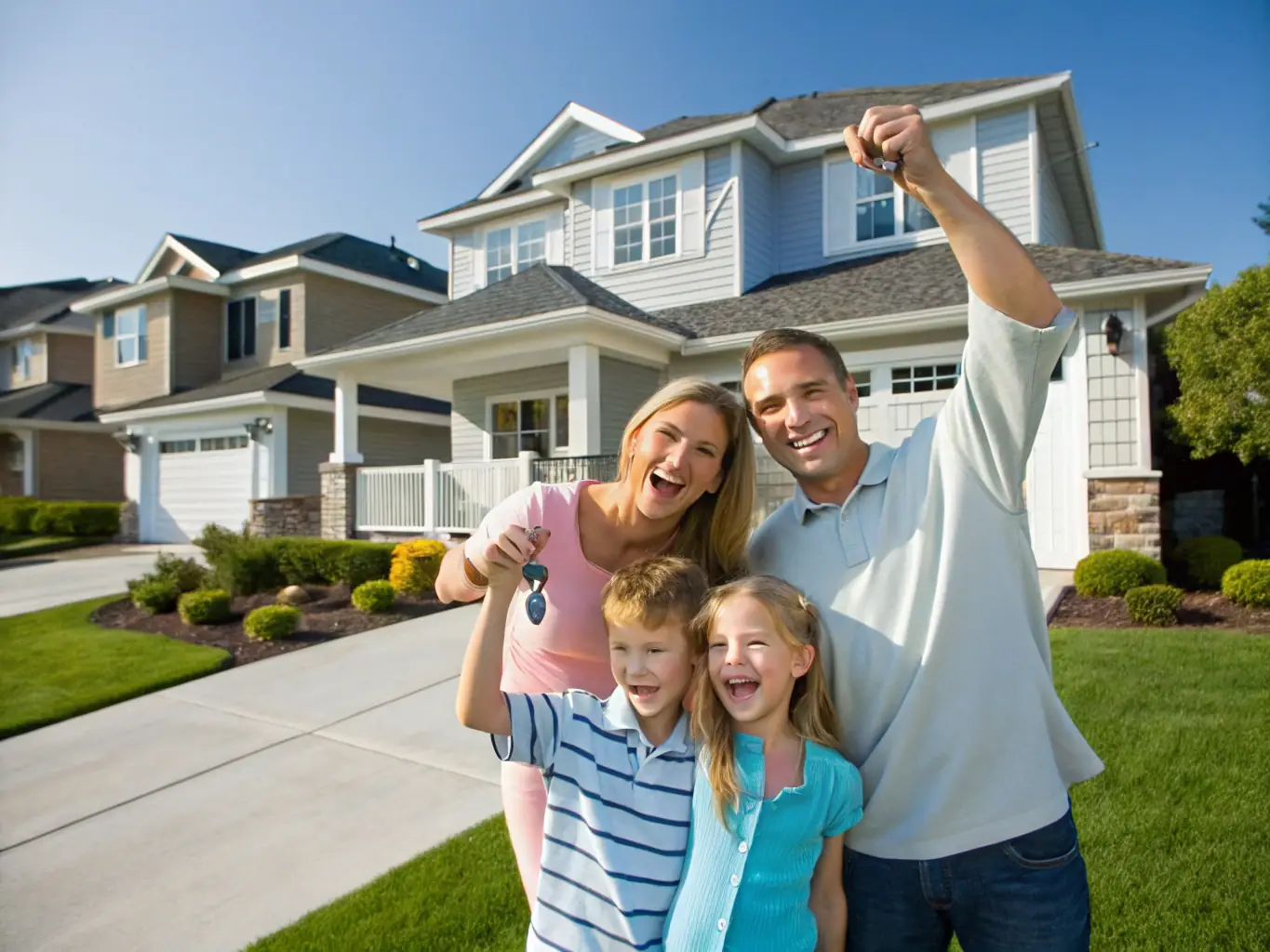 A smiling family stands in front of their home, holding keys, symbolizing the joy and security of homeownership made possible through family-friendly financing.